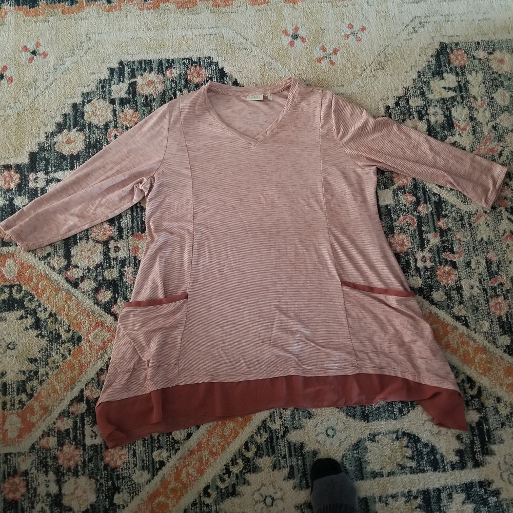 qvc logo Lori Goldstein v neck chiffon trimmed three quarter length sleeve top